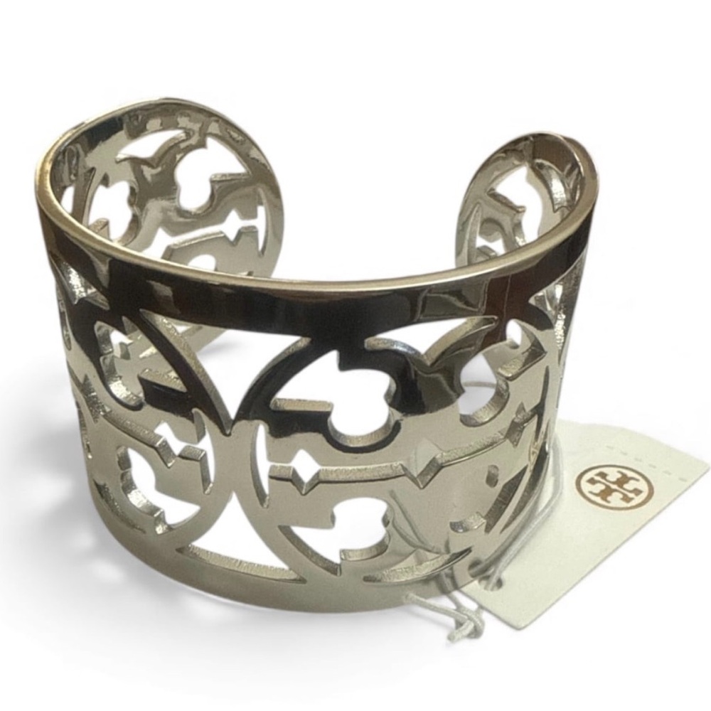 Tory Burch Large Logo Cuff Bangle Silver Plated Brass